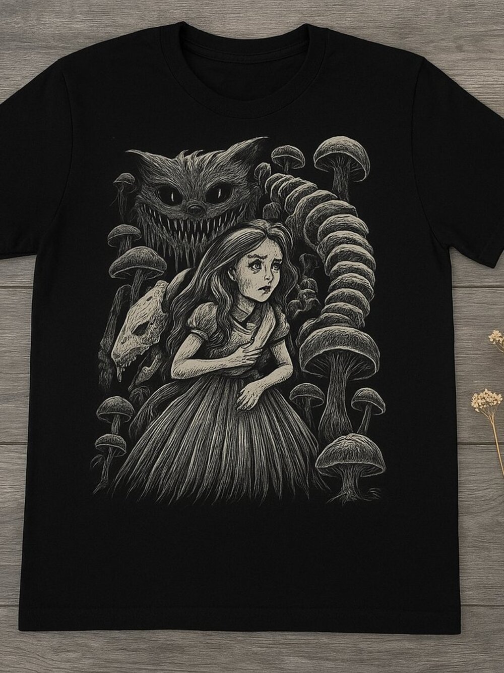 Gothic Skeleton Girl Graphic T-Shirt Black Dark Art Mushroom Horror Tee